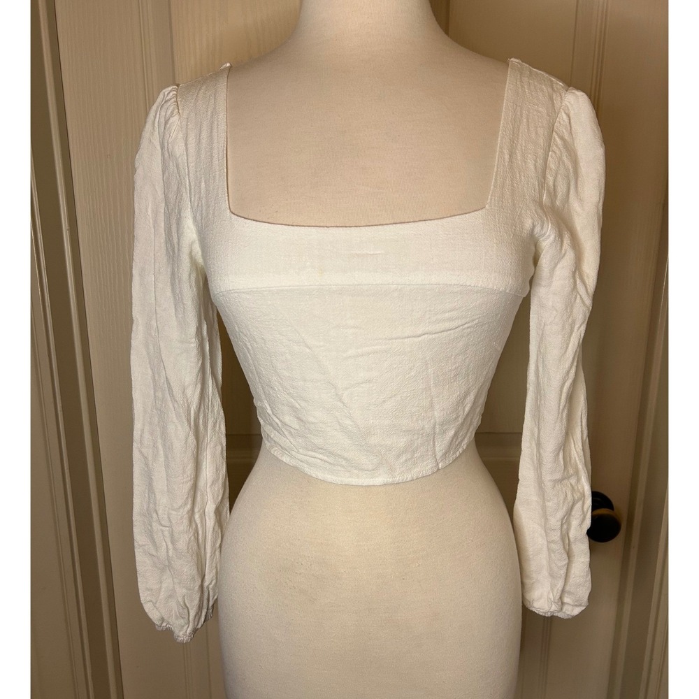Kendall &‎ Kylie Crop Top Square Neck Long Sleeve Tie Back White Wm Size S